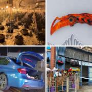 Clockwise from top left: Inside the cannabis farm, 'nasty' knife, the cannabis farm shop front and the crashed BMW