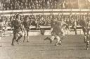 Mike Nicholas charges forward during the 1974 Challenge Cup semi-final against Dewsbury at Central Park