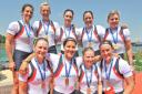 Team GB women’s eight crew with their Munich World Cup medals. From left, back, Annabel Vernon, Victoria Thornley, Olivia Whitlam, Louisa Reeve, Emily Taylor; front, Katie Greves, Jessica Eddie, Caroline O’Connor (cox) and  Natasha Page