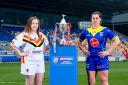 New Wire women's captain Katie May Williams with Bradford's Ellen Stafford and the Women's Challenge Cup trophy