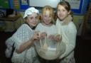 Stepping back in time are Corinna Ruth aged nine, Louis Skinner aged 10 and Aimee Pownall aged 10                           DTP281107