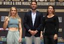Rhiannon Dixon and Katharina Thanderz with Eddie Hearn at the final press conference ahead of their vacant EBU European lightweight title fight on saturday night