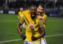 Isaac Buckley-Ricketts and Dec Walker celebrate the former's second goal in Town's 3-0 win at Curzon Ashton