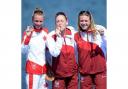 England's Jodie Stimpson, centre, and Vicky Holland, right, were joined on the podium by Canada's Kirsten Sweetland, left. Picture courtesy of Press Association.