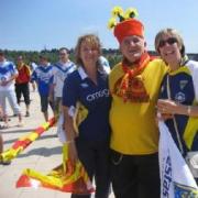 Warrington Wolves and Catalan Dragons fans mixing before the game at Olympic Stadium in Barcelona