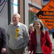 Lord Ashdown with Dave Eccles, Warrington North candidate, and Jo Crotty, Warrington South candidate