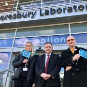 Mike Amesbury MP (Weaver Vale constituency) with Prospect Trade Union members Louise Smith and Dr. Lee Jones outside of the Laboratory