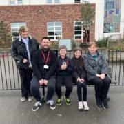 Stockton Heath Primary School head teacher Dan Harding with pupils Bella and Dylan who lead the school 
council, Cllr Pam Todd and Cllr Helen Dutton