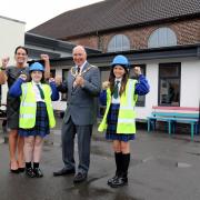 Pictured L to R: L to R: Chris Wood (Selco Trade Sales Manager), Emma Williams (Headteacher), Cllr Steve Wright (Mayor), Year six pupils Karis and Katie