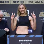 Rhiannon Dixon strikes a pose during today's weigh-in at Wembley