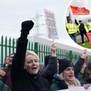 Unite general secretary Sharon Graham, pictured with her hand held high - Inset: Bin strikes in Warrington
