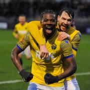 Isaac Buckley-Ricketts and Dec Walker celebrate the former's second goal in Town's 3-0 win at Curzon Ashton