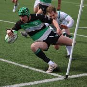 Lymm's Paddy Jennings touches down for a try against Billingham
