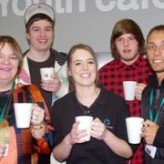 Julie Sheppard, youth worker, Lee Wilson, Hayley Warden and Josh Heaton, all students, and Stephen Burke, youth worker