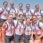 Team GB women’s eight crew with their Munich World Cup medals. From left, back, Annabel Vernon, Victoria Thornley, Olivia Whitlam, Louisa Reeve, Emily Taylor; front, Katie Greves, Jessica Eddie, Caroline O’Connor (cox) and  Natasha Page