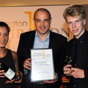 Holly Lam-moores with  Toby Macormac, director, of sponsor Warrington Town and Sportsperson Of The Year winner Matthew Gibson