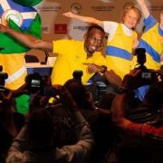 Usain Bolt, centre, had a lively press conference upon his arrival in Glasgow. Picture courtesy of Press Association