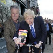 Boris Johnson and David Mowat outside Wild Bikes in Stockton Heath last Wednesday