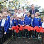Pupils mark Armistice Day with poppy display at Winwick Primary School MBC061115