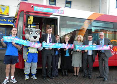 Network Warrington announced it was backing the campaign to bring the World Cup to Warrington by carrying banners on the company’s vehicles. From left, David Musson, Wolfie, David Squire, Ann Marie Slavin, Maureen Banner, Jan Souness, Steven Broomhead.