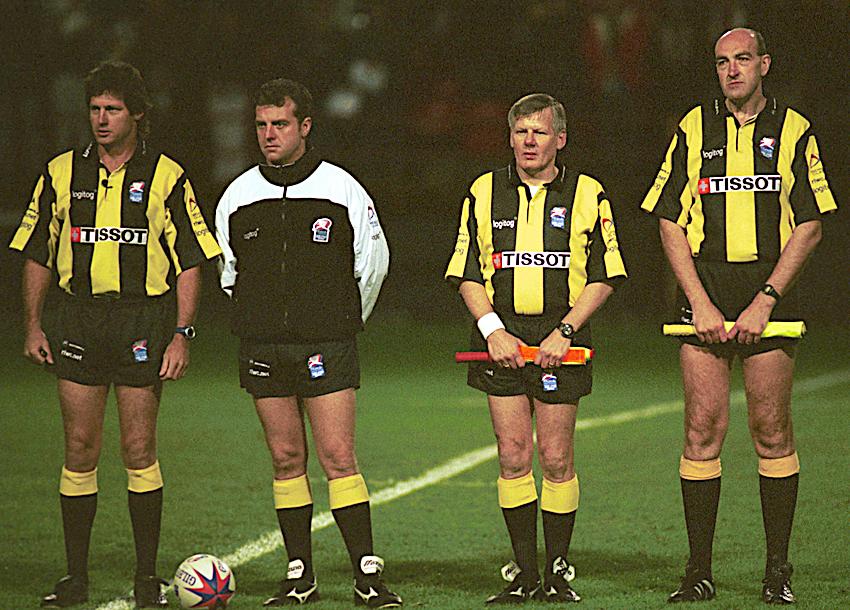 Warrington match official Frank Hawley, third from left, ready for action in the 2000 World Cup