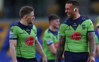 Paul Vaughan and Matt Dufty share a laugh following the Super League win at London Broncos