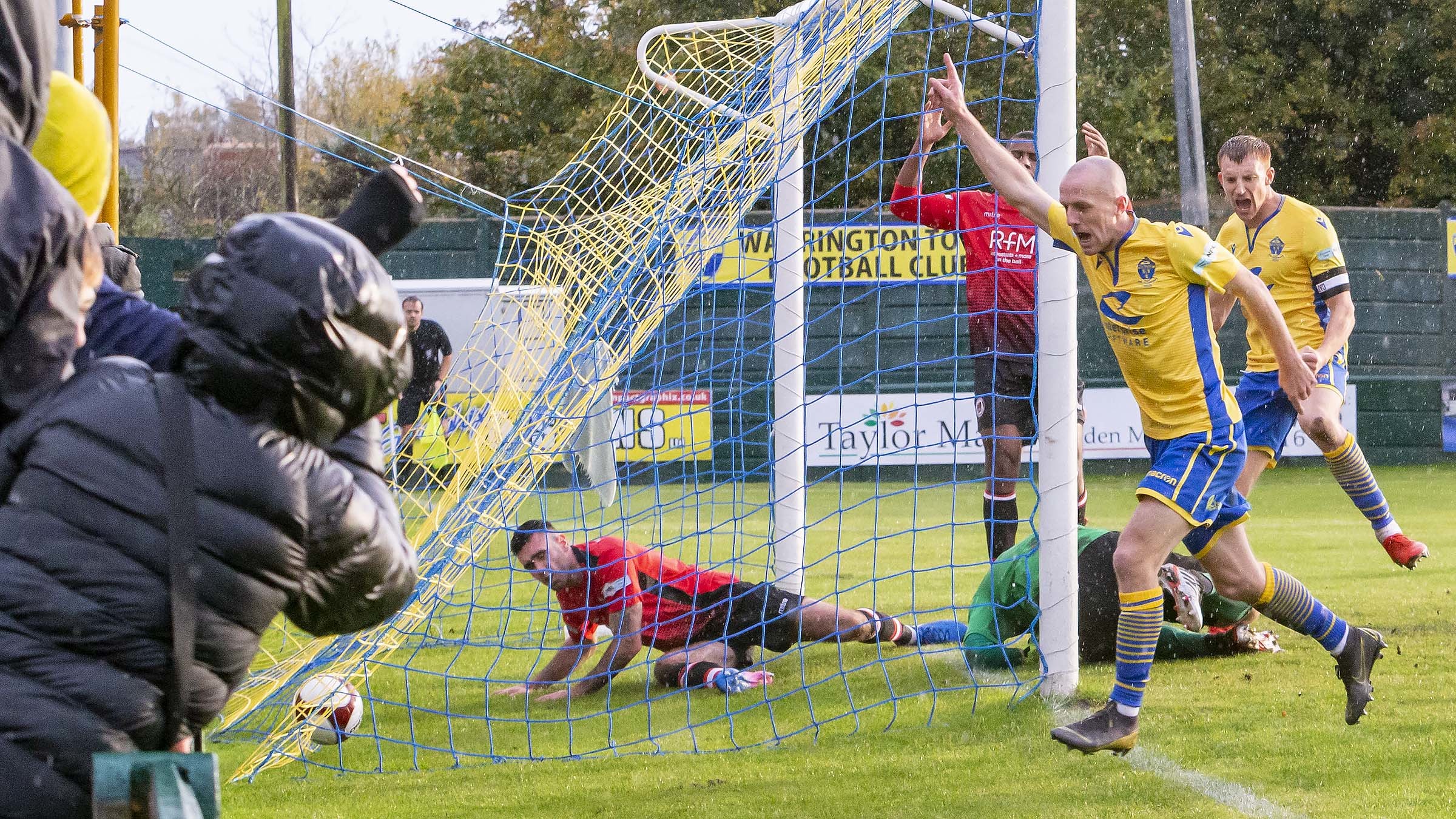 Tony Gray celebrates scoring during Hyde Uniteds last visit to Cantilever Park in November 2019, which ended in a 4-1 Yellows win. Picture by John Hopkins