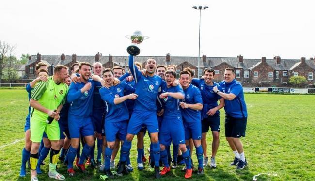 Rylands celebrate winning the First Division South title in their first season as a North West Counties League club. Picture by Lee Wolstencroft