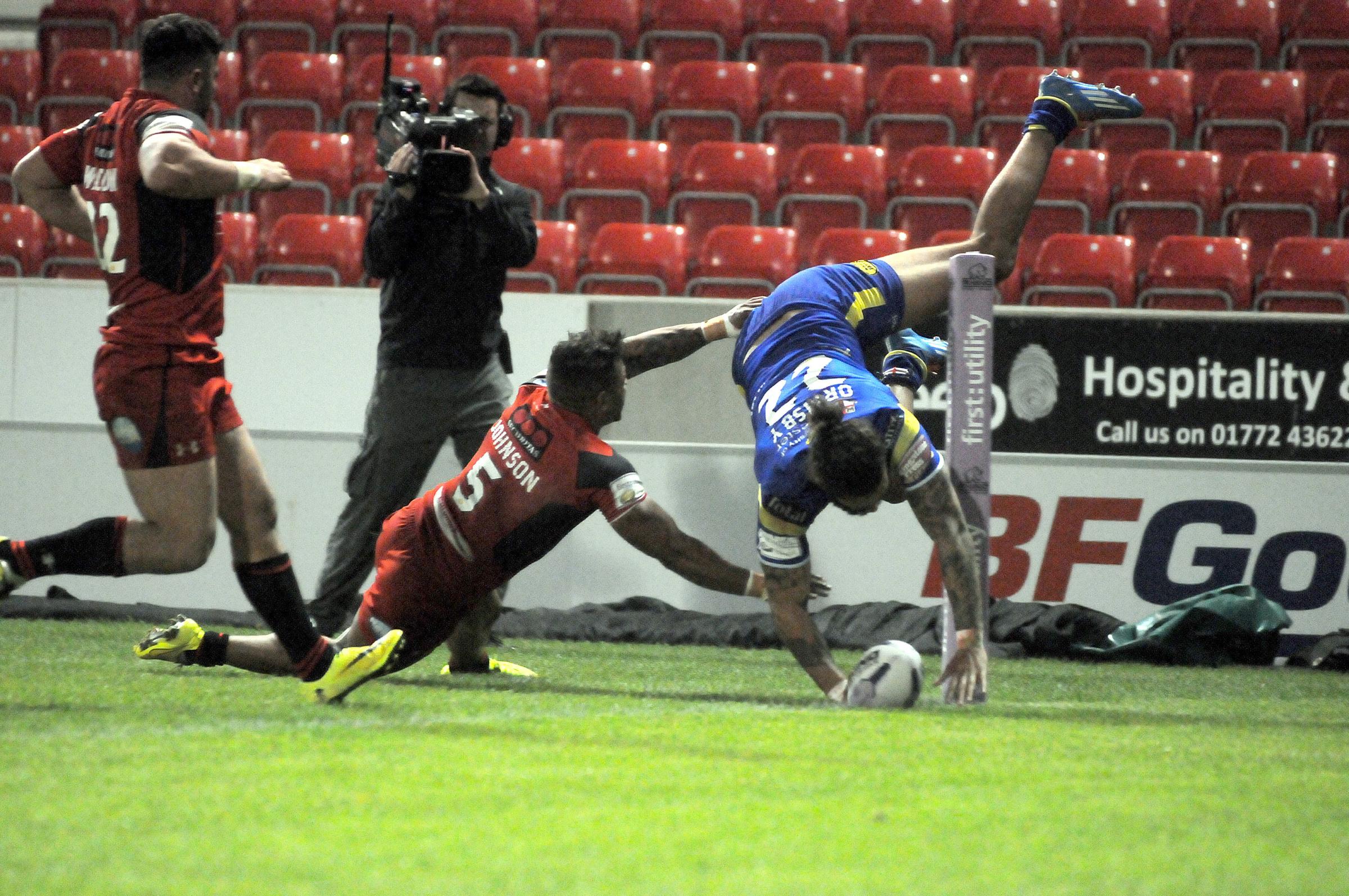 Gene Ormsby scores a stunning try against Salford back in 2015. Picture by Mike Boden
