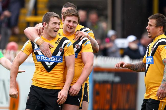 Daryl Clark celebrating one of his Castleford Tigers tries in 2012. Picture: SWpix.com