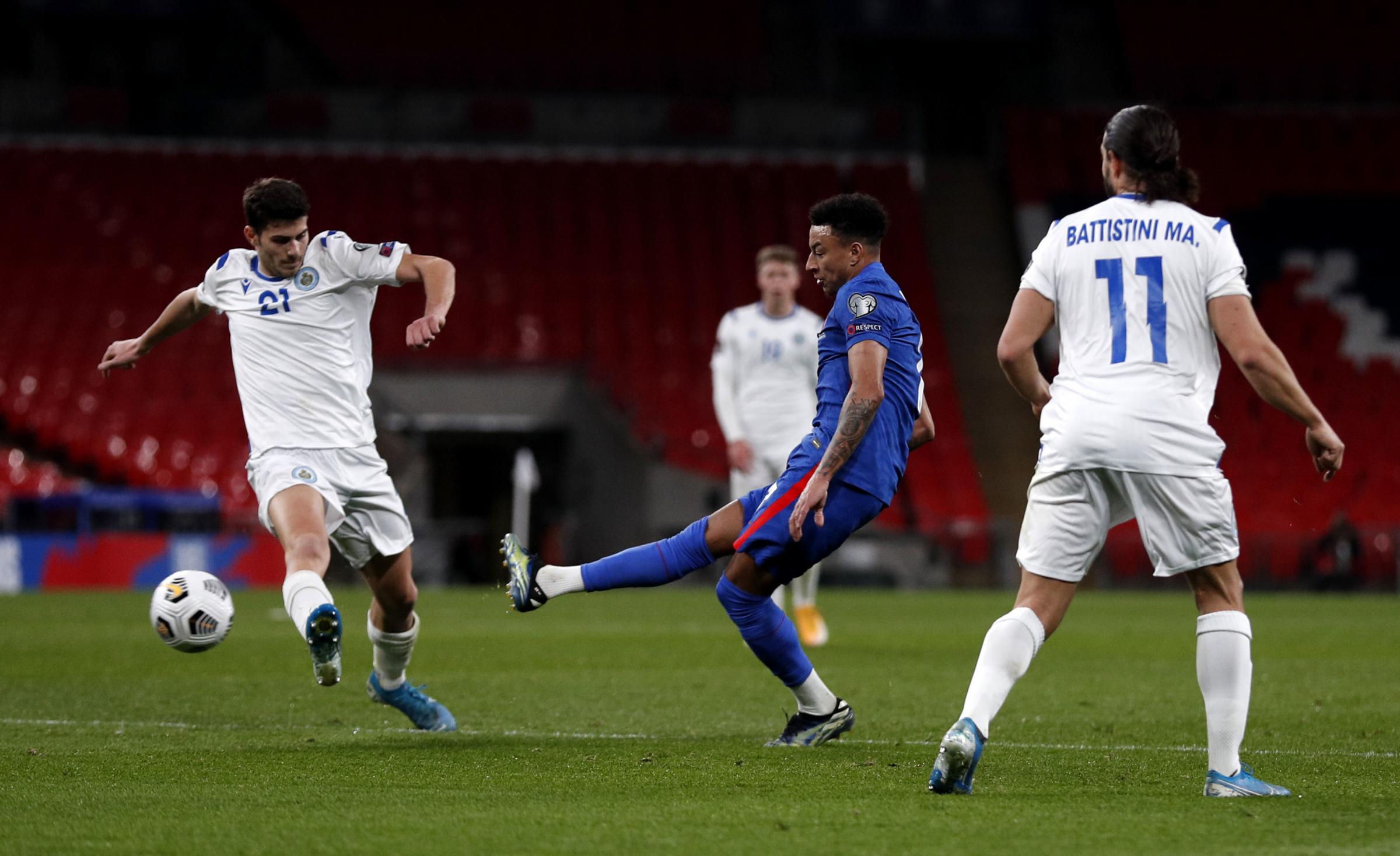 Jesse Lingard shoots for goal against San Marino. Picture by PA Wire