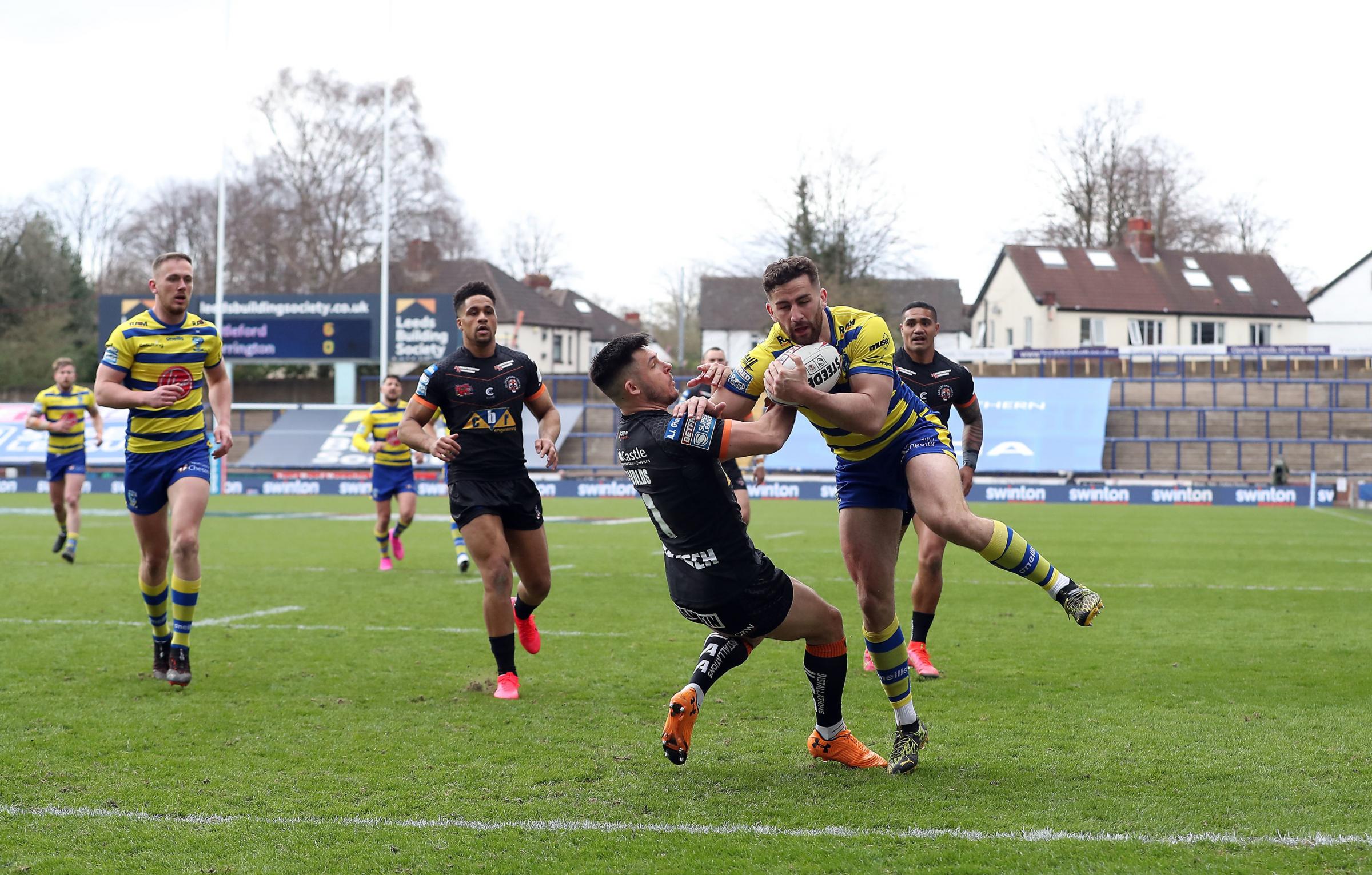 Toby King scores Warrington Wolves first try of the 2021 season. Picture: PA Wire