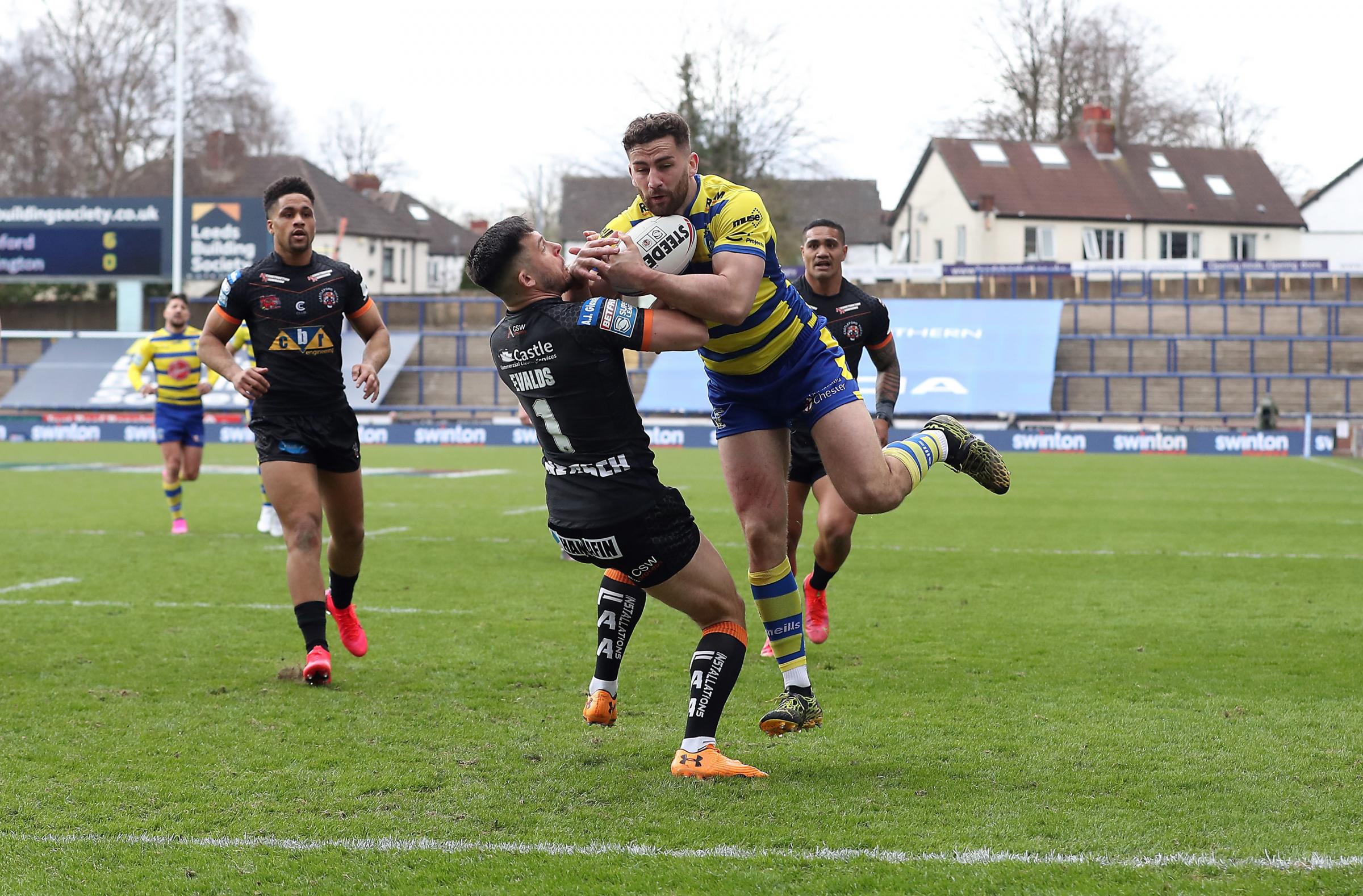 Toby King scores Warrington Wolves first try of the 2021 season. Picture: PA Wire