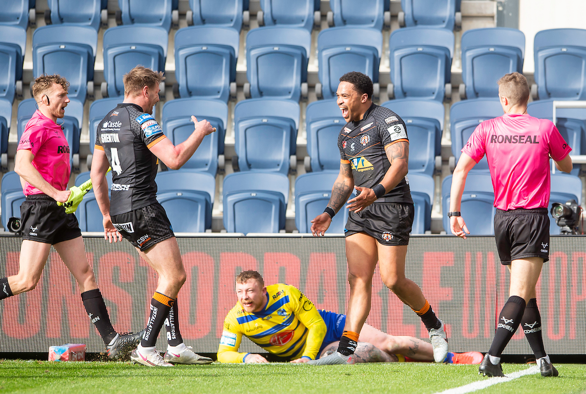 Jordan Turner scores for Castleford against The Wire on the opening day of the 2021 season. Picture by SWPix.com