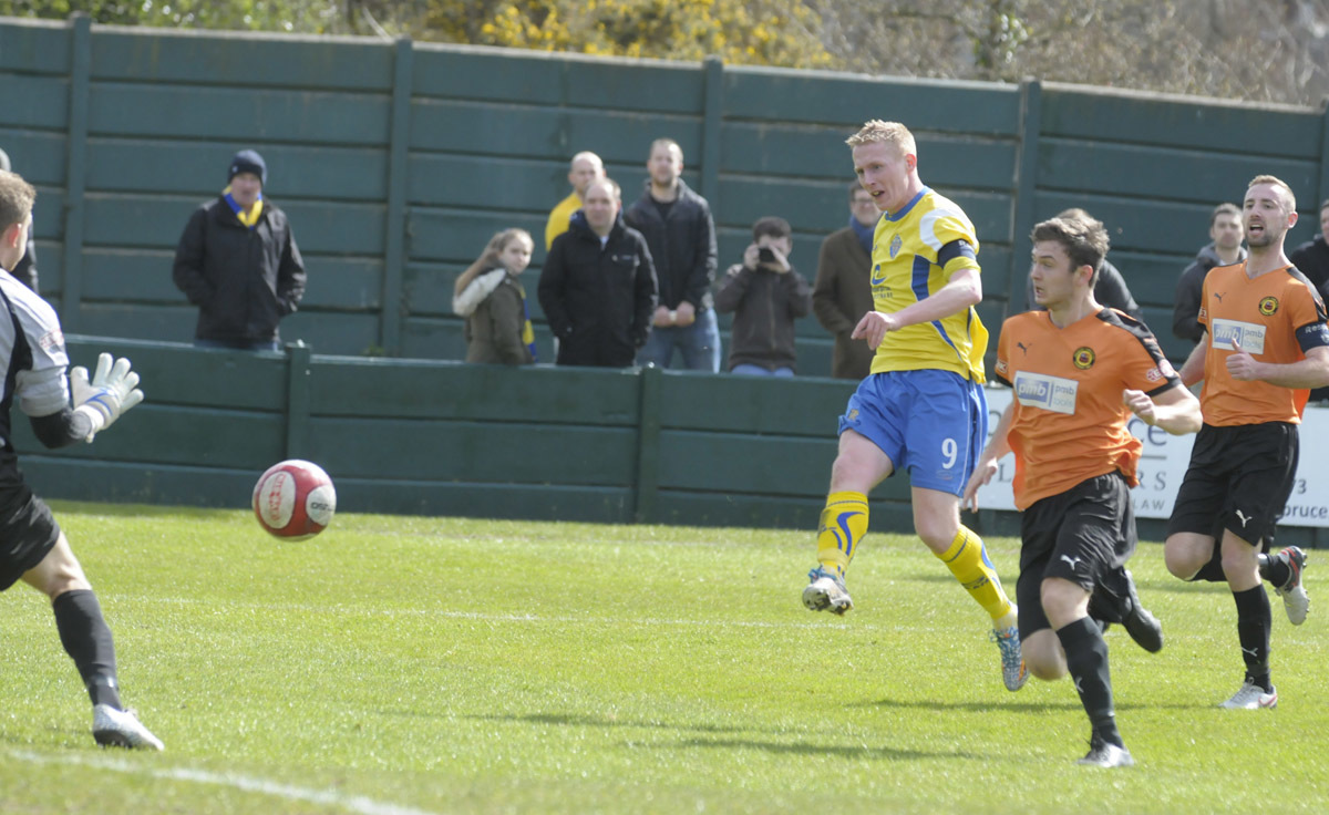 Ciaran Kilheeney blasts home the opener against Prescot Cables. Picture by Mike Boden