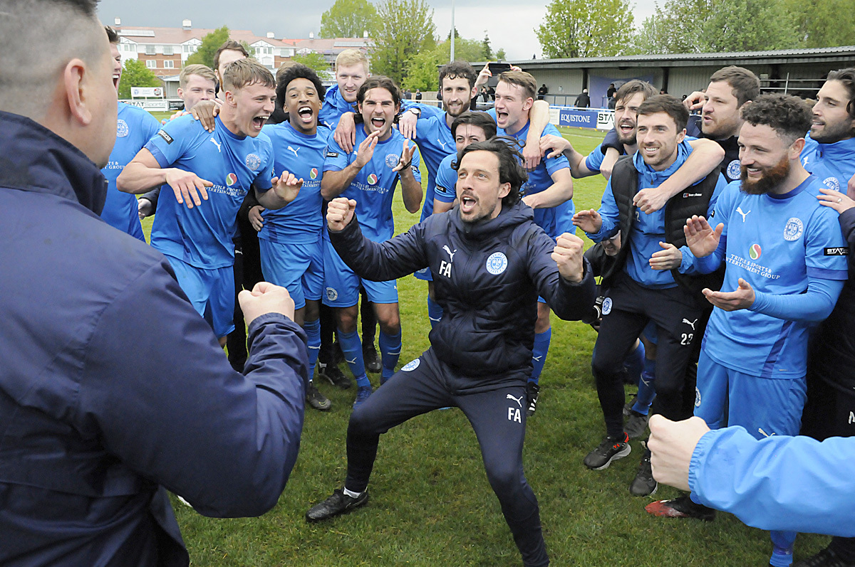 Assistant manager Fraser Ablett leads the celebrations after the semi-final win over Walsall Wood. Picture by Mike Boden