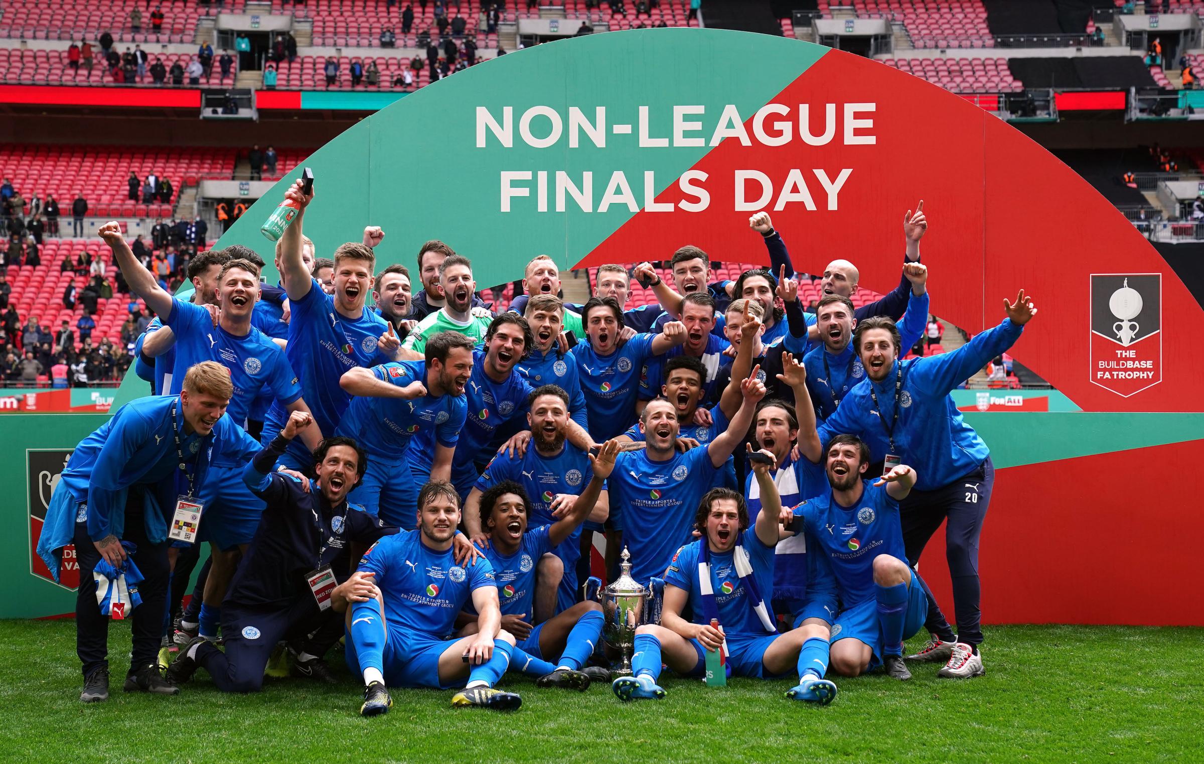 Warrington Rylands celebrate winning the Buildbase FA Vase 2020/21 Final at Wembley Stadium, London. Picture date: Saturday May 22, 2021. PA Photo. See PA story SOCCER Vase. Photo credit should read: Zac Goodwin/PA Wire. RESTRICTIONS: EDITORIAL USE