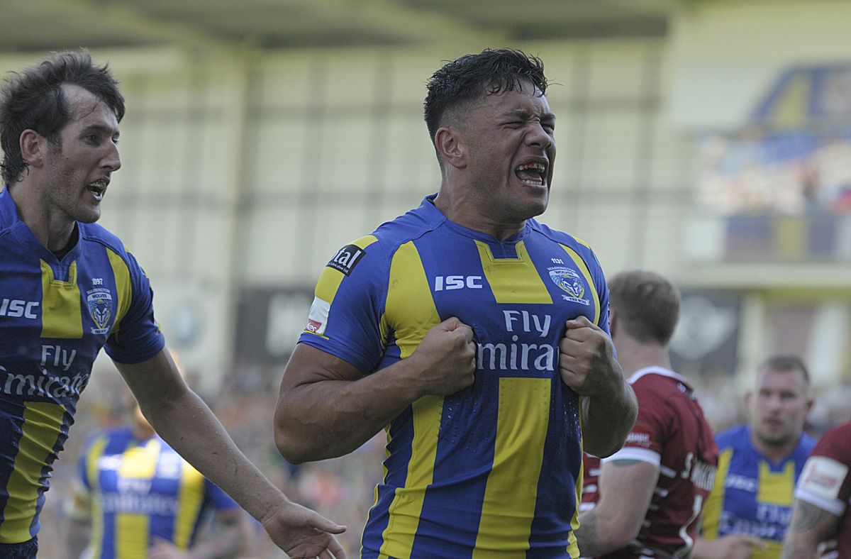 Savelio celebrates scoring a try for The Wire against Wigan in 2017. Picture by Mike Boden