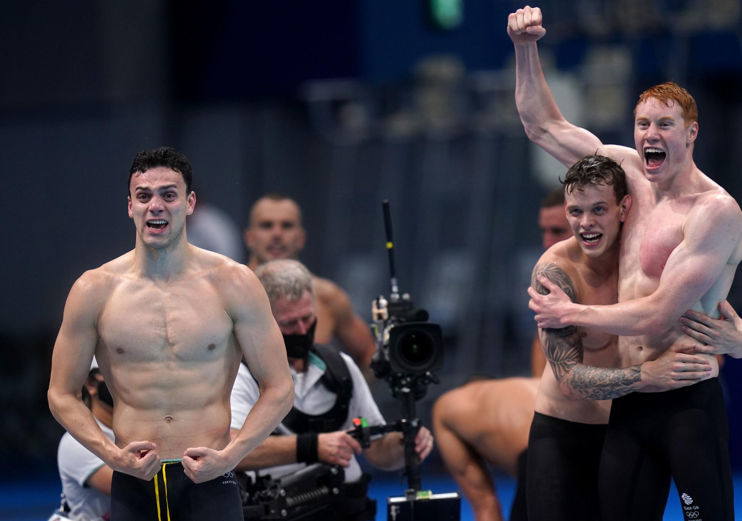 James Guy and his 4x200m freestyle teammates celebrate winning Olympic gold. Pictures by AP Photo and PA Wire