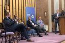 From left, candidates Cllr Ryan Bate, Faisal Rashid, Andy Carter, Kevin Hickson and Evan Davis, who chaired the hustings