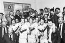 The Warrington squad and staff celebrate winning the Lancashire Cup against Wigan in 1980