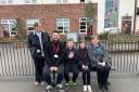 Stockton Heath Primary School head teacher Dan Harding with pupils Bella and Dylan who lead the school 
council, Cllr Pam Todd and Cllr Helen Dutton