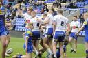 The celebrations that followed Nolan Tupaea's first try against Leeds Rhinos