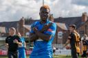 Adamah Sidibeh celebrates scoring for Warrington Rylands against Morpeth Town
