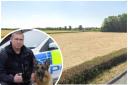 Fields at Oven Back Farm, Winwick Lane, where PC Powell's body was found/PC Powell and PD Frank (inset)