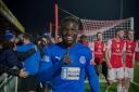 Winning goalscorer Adam Sidibeh celebrates victory for Warrington Rylands at Ilkeston Town