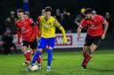 Matty Grivosti is put under pressure by the Tamworth defence during Town's 3-0 defeat at Cantilever Park