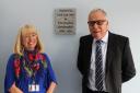 Weaverham High School's retiring headteacher David Charlton with the chair of governors Helen Newton at the opening of the new school block