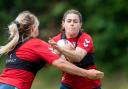 Emily Rudge in training with England Women rugby league team ahead of today's clash with Wales at The Halliwell Jones Stadium. Picture: SWpix.com