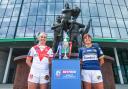 Jodie Cunningham at Wembley in front of the rugby league statue